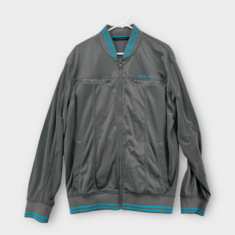 Sean John Bomber Jacket Mens XL Gray Blue MCM-LXIX Track Athletic Zip Up Y2K